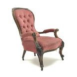 Victorian mahogany framed nursing chair, deep button upholstered back, cabriole legs,