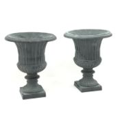 Pair old copper finish urns, egg and dart detailing, square plinth, D38cm,