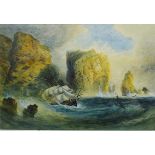 English School 19th/early 20th century: Sailing Vessel in Distress Along a Rocky Coastline,