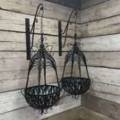 Pair black finish metal wirework hanging baskets with brackets, W47cm,