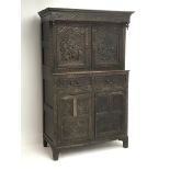 19th century heavily carved oak court cupboard, projecting cornice, blind fret frieze,