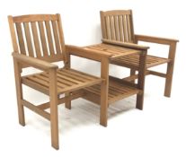 Hardwood two seat garden bench with integrated two tier table,