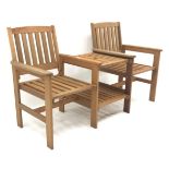 Hardwood two seat garden bench with integrated two tier table,