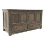 18th century oak mule chest, four panelled hinged lid, carved front, two drawers, stile supports,
