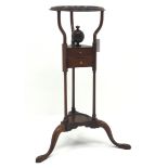 19th century mahogany wig stand circular top over two drawers on tripod base with three cabriole