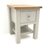 Painted and oak bedside cabinet, single drawer, square supports joined by single undertier, W36cm,