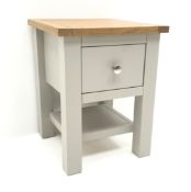 Painted and oak bedside cabinet, single drawer, square supports joined by single undertier, W36cm,