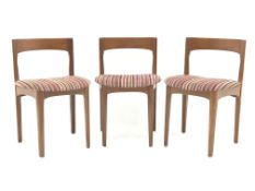 Three mid century teak framed dining chairs, upholstered seat,