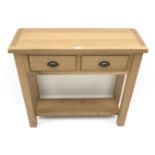 Light oak side table, two drawers, square supports joined by an undertier, W86cm, H75cm,