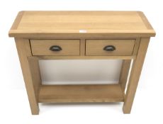 Light oak side table, two drawers, square supports joined by an undertier, W86cm, H75cm,