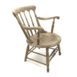 19th century beech and elm spindle back elm armchair, rounded seat,