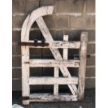 White painted wooden vintage garden gate with scrolled cresting, cast iron latch and hinges, H161cm,