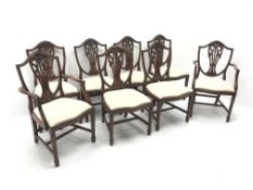 Set eight 20th century mahogany Hepplewhite style dining chairs, shaped cresting rail,