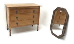 Early 20th century light oak chest, three drawers, barley twist supports (W90cm, H78cm,