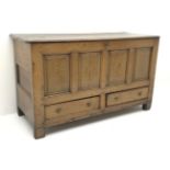 George III oak mule chest, hinged lid, four panel front above two drawers on stile supports, W146cm,