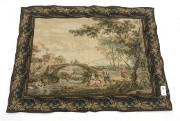 French style tapestry depicting rural river scene,