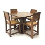 Mouseman square oak dining table on shaped cruciform style base (W90cm, H71cm,