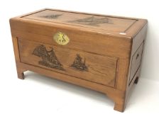 Mid century Hong Kong camphor wood blanket chest, carved nautical scenes, hinged lid with clasp,
