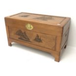 Mid century Hong Kong camphor wood blanket chest, carved nautical scenes, hinged lid with clasp,