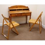Solid pine side table, raised shaped back, two drawers, turned supports (W99cm, H97cm,