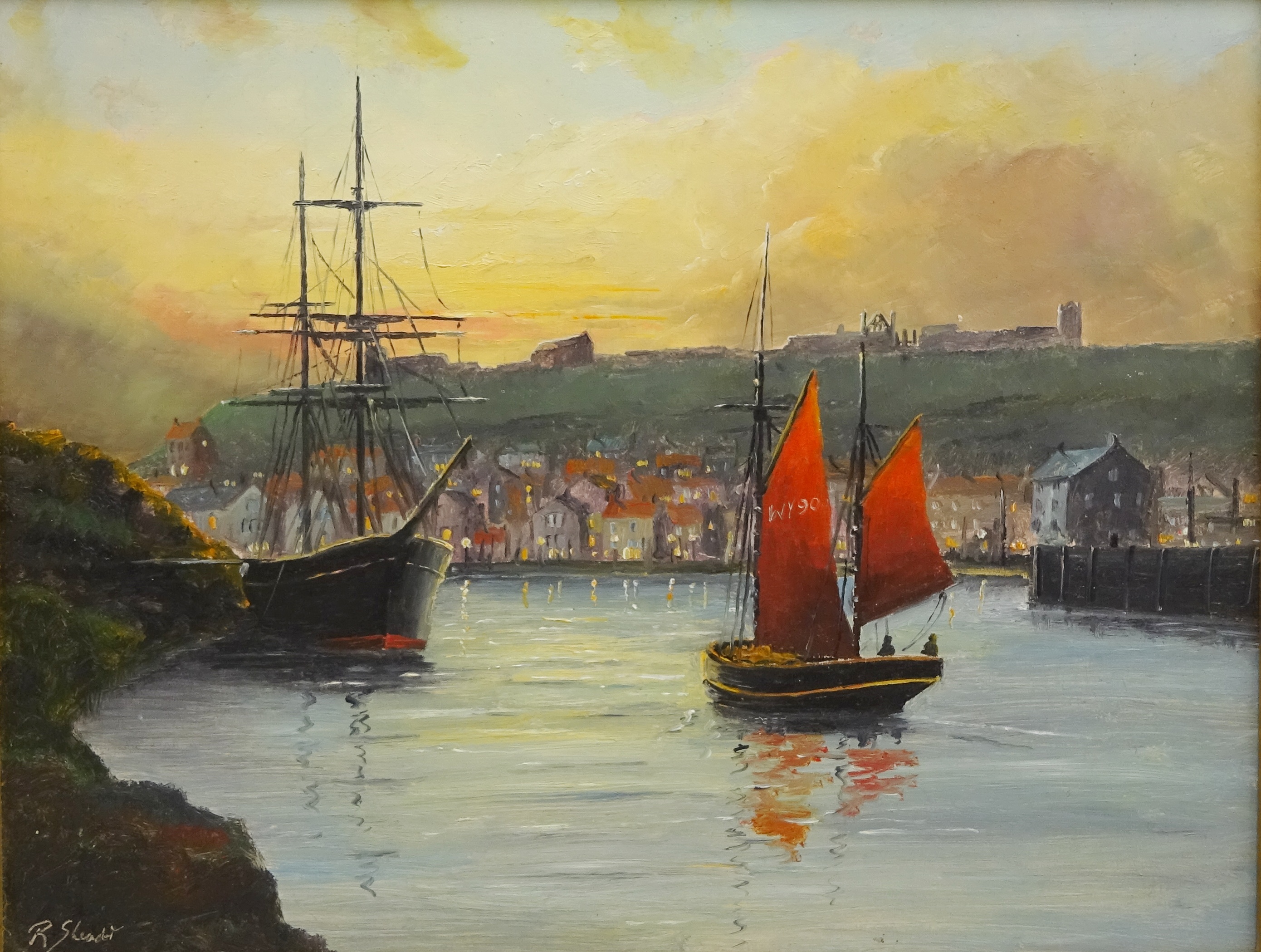 Robert Sheader (British 20th century): Fishing Boats in Whitby Harbour at Dusk,