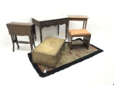 Art Deco style walnut finish stool, upholstered seat (W50cm, H48cm, D36cm),
