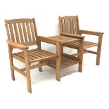 Hardwood two seat garden bench with integrated two tier table,