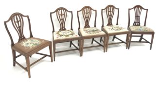 Five Hepplewhite style chairs dining chairs, shaped splat, upholstered drop in seat,
