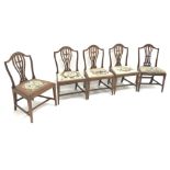 Five Hepplewhite style chairs dining chairs, shaped splat, upholstered drop in seat,