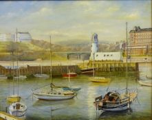J Holmes (British 20th century): 'The Yacht Harbour Scarborough', oil on board signed,