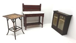 Edwardian stained pine marble top wash stand, raised panelled back,