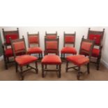 Set eight (6+2) Edwardian oak dining chairs, ball finials, floral carved cresting, moulded frame,