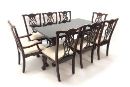 Queen Anne style twin pedestal rosewood extending dining table with two leaves (W229cm, H77cm,