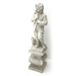 Painted composite stone figure of boy sheltering from the elements, on shaped column base,