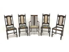 Set four early 20th century oak dining chairs, cane work splat flanked by barley twist supports,