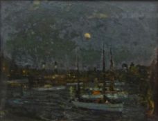 Albert Woods (British 1871-1944): 'Moonrise, The Harbour',