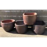 Three large 'D' shaped rustic frost proof pots (W51cm, H33cm, D61cm) and a similar bowl (D54cm,