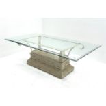 Rectangular composite stone base coffee table, bevel edge glass top table, shaped metal supports,