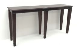 Rectangular mahogany side table, moulded top, six square reeded tapering supports, W154cm, H77cm,