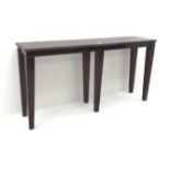 Rectangular mahogany side table, moulded top, six square reeded tapering supports, W154cm, H77cm,