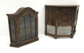 Old Charm oak shaped front side cabinet, single door (W82cm, H72cm, D33cm) and an oak wall cabinet,