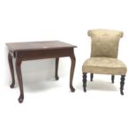 Late Victorian scroll back child's chair, upholstered in a beige ground fabric,