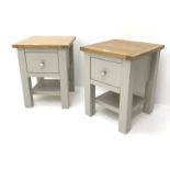 Pair painted and light oak bedside cabinets, single drawer, square supports joined by an undertier,