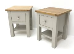 Pair painted and light oak bedside cabinets, single drawer, square supports joined by an undertier,