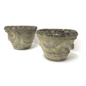 Pair circular composite stone garden urns, bodies relief decorated with swags, D40cm, H36cm,