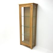 Solid light oak display cabinet, single door, three glazed shelves, W65cm, H171cm,