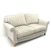 Two seat sofa scrolled arms, tapering square supports, upholstered silver and gold striped fabric,
