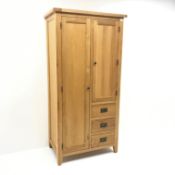 Light oak double combination wardrobe, two doors, three drawers, stile end supports, W90cm, H181cm,