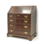 Georgian style mahogany bureau, fall front enclosing fitted interior, four drawers,