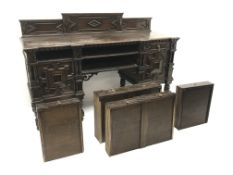Jacobean style oak sideboard, raised stepped back, moulded top,